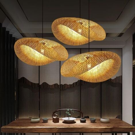 AIDUCHO Suspension Lampe Pendentif Tissage Vintage Lampe Bambou Et Rotin Naturel Tissé Suspendu Creative Nostalgique Réglable E27 Bamboo Lampes Suspendues Lustre Tea Chambre Salon Café 40CM