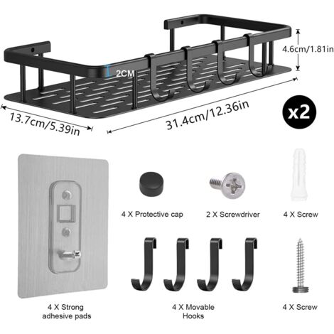 Mayhomy Étagères de douche d'angle Caddy - Organisateur d'étagère de douche 2 pièces sans perçage, support adhésif de salle de bain pour shampooing avec 4 crochets (noir mat