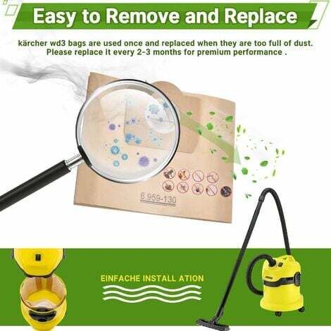 Lot de 10 Sacs Aspirateur pour Karcher 6.959-130.0 WD3 WD3P MV3 Sacs Filtrants en Papier de Rechange pour Aspirateur Wet & Dry, Sac pour Karcher WD3 Premium Accessoires Pièces Détachées