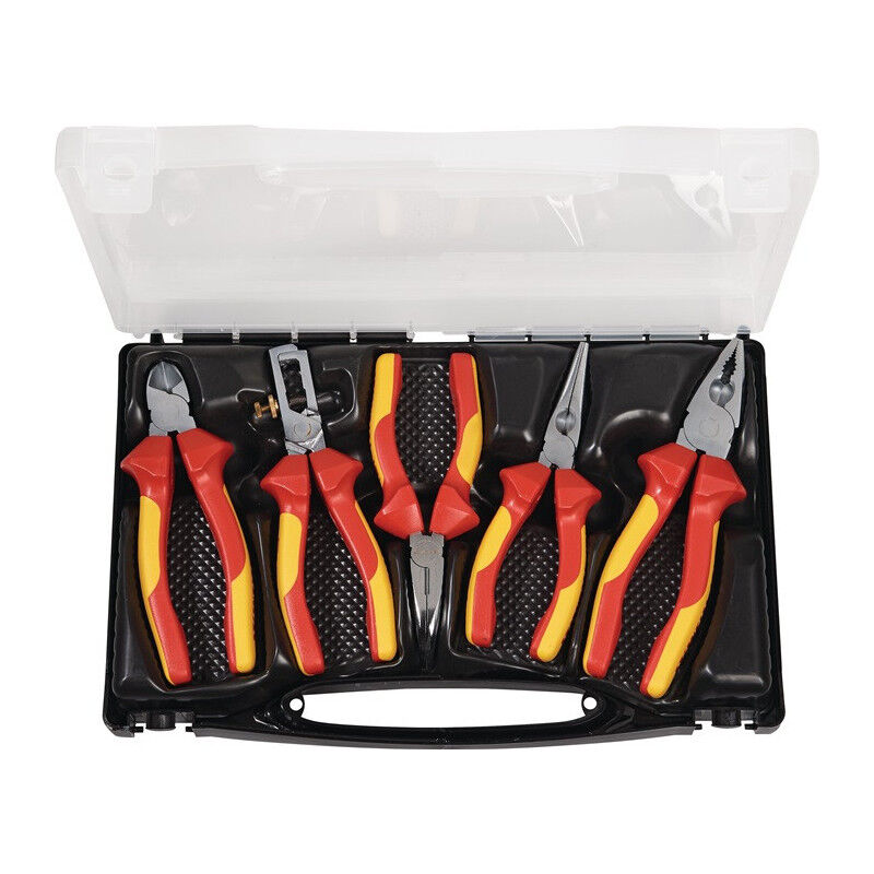 Jeu de pinces contenu 5 pièces VDE isolé chromé dans coffret en plastique PROMAT