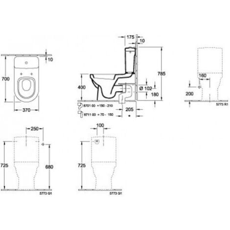 Villeroy & Boch – Coude spécial pour évacuation verticale – Finition blanche – Matière plastique – Longueur d'écoulement 136-225 mm – Largeur 100 mm