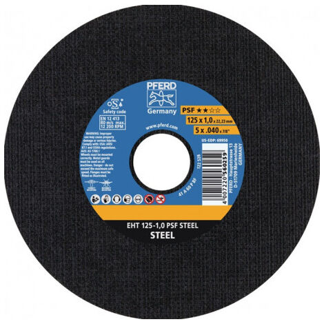 Disque à tronçonner PSF STEEL D125x1.6 mm droit acier perçage 22.23 mm PFERD (Par 25)