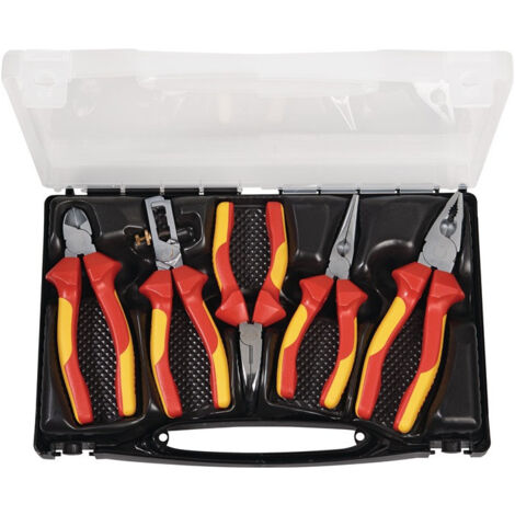 Jeu de pinces contenu 5 pièces VDE isolé chromé dans coffret en plastique PROMAT
