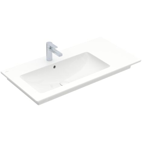 Plans de toilette, 1000 x 500 mm, Rectangulaire, pour robinetterie à 3 trou s, troude robinetterie central percé,avec trop-plein, En porcelaine sanitaire, cuve à gauche (1/5)