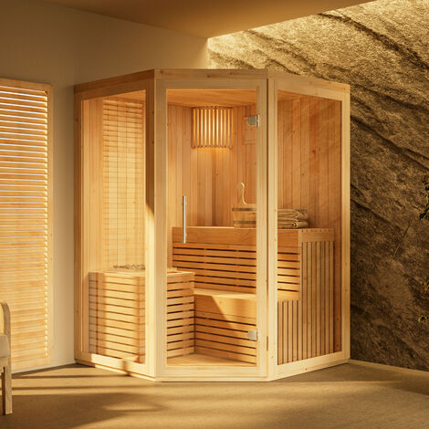 Sauna intérieur traditionnel 2 places – Dimensions 141 x 141 cm – Épaisseur de paroi 72 mm – Isolation en laine minérale – Finntherm (1/5)