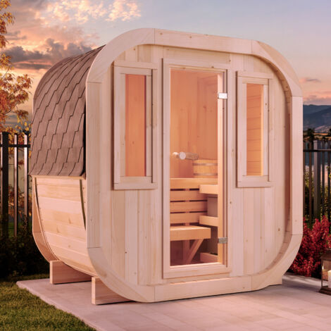 FinnTherm Sauna tonneau ScandiCube Mini XXS Naturel Bois thermique, 42 mm Épaisseur de paroi 210 x 136 cm