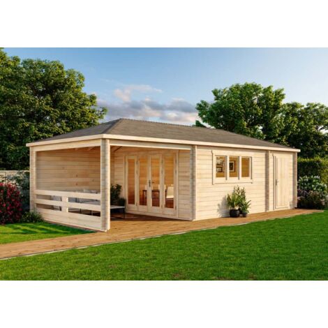 Abri de jardin modèle Montana-44 avec extension Naturel , 44 mm Épaisseur paroi 920 x 425 cm