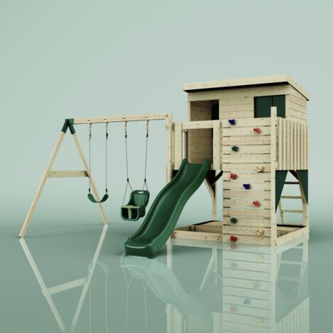 Polarplay – Tour de jeux Nils vert 415 x 396 cm – Balançoire double pour bébé – Toboggan à vagues – Construction en bois non traité