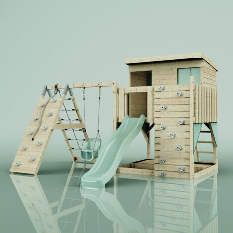 Polarplay – Tour de jeux Emil vert 415 x 396 cm – Balançoire bébé – Mur d'escalade – Hauteur plateforme 120 cm – Poids max 50 kg