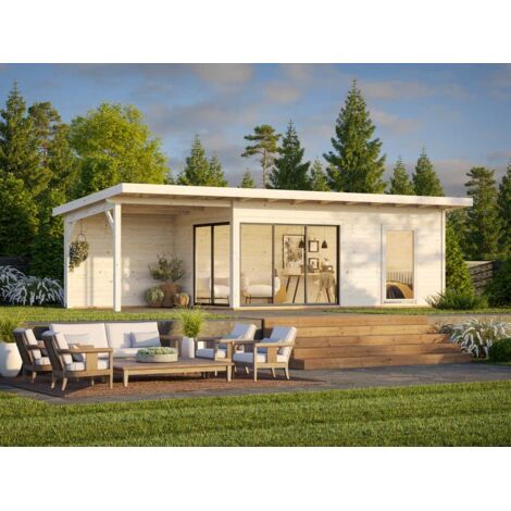 Abri de jardin bois avec annexe – Épaisseur paroi 44 mm – Dimensions 895 x 300 cm – Surface 16,68 m² – Vitrage double pour luminosité – Palmako (1/5)