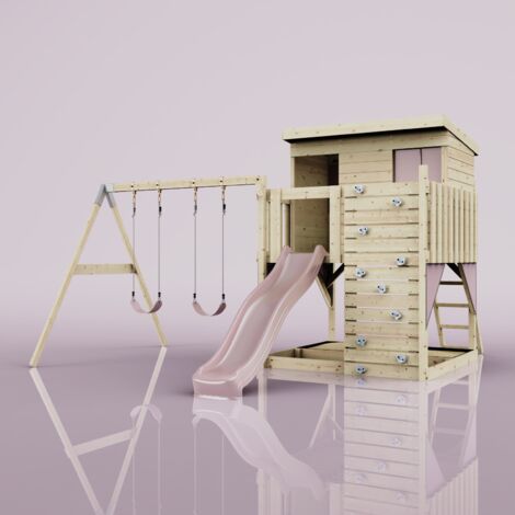 Polarplay – Tour de jeux pour enfants 415 x 396 cm – Construction en bois non traité – Toboggan à vagues 220 cm – Balançoire 50 kg - ROSA 415 X