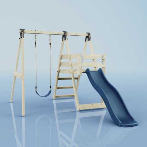 Balançoire Orchidée bleu 202 x 213 cm – Construction en bois non traité – Cordes réglables – Mur d'escalade inclus (1/5)