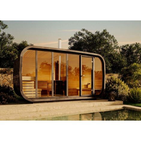 Finntherm – Sauna tonneau ScandiCube Space 420 x 230 cm – Épaisseur de paroi 42 mm – 4 banquettes en pin thermique – Porte vitrée en verre de sécurité