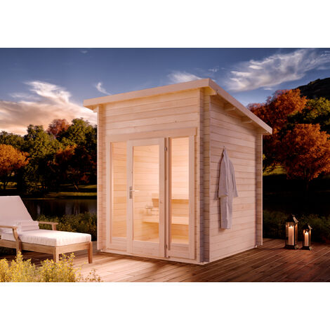 Finntherm – Sauna traditionnel extérieur 3 places – Dimensions 248 x 251 cm – Épaisseur des parois 40 mm en épicéa nordique – Toit plat vitré
