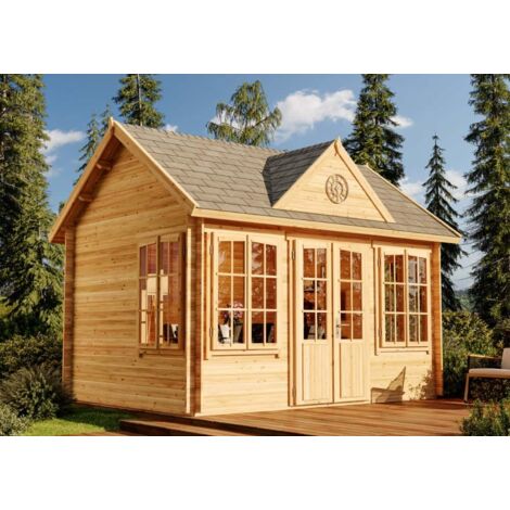 Alpholz – Abri de jardin résine 440 x 340 cm – Épaisseur paroi 28 mm – Hauteur 220 cm – Volume 31,2 m³ – Double porte en bois lamellé-collé