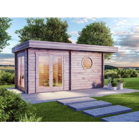 Finntherm – Sauna traditionnel extérieur 70 mm – 508 x 354 cm – Double porte – 3 bancs en tremble – Espace sauna 220 x 220 cm
