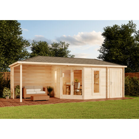 Alpholz – Abri de jardin bois pentagonal Liwa 714 x 302 cm – Épaisseur des parois 28 mm – Toit en bois massif – Porte double en bois collé