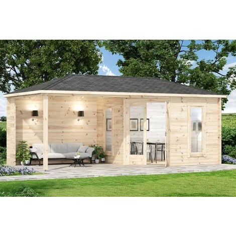 Koop het 5-hoekig Tuinhuis Liwa-28 met overdekt Terras &amp hoge kwaliteit gelijmd hout dubbele deur +++ Bestel nu bij de specialist Naturel , 28 mm Épaisseur paroi 613,5 x 316,7 cm