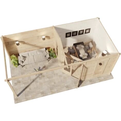 Koop het 5-hoekig Tuinhuis Liwa-28 met overdekt Terras &amp hoge kwaliteit gelijmd hout dubbele deur +++ Bestel nu bij de specialist Naturel , 28 mm Épaisseur paroi 613,5 x 316,7 cm
