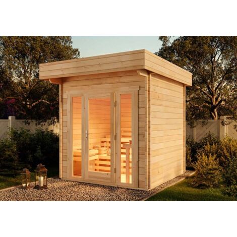 Finntherm – Sauna traditionnel extérieur Chamonix-44 – 44 mm épaisseur de paroi – Dimensions 259 x 295 cm – 3 bancs extra larges en tremble