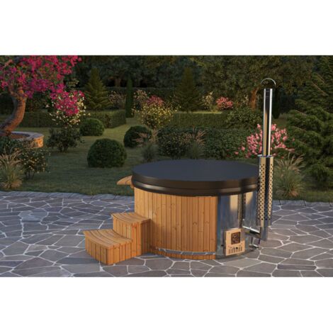 Finntherm – Bain nordique Stockholm 8 personnes – Diamètre 200 cm – Poêle inox 30 kW – Marche-pieds en bois thermique – Volume 1200 litres