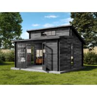 Alpholz – Chalet de jardin en bois gris imprégné 40 mm – Dimensions 440 x 440 cm – Toit double pente – Porte double en bois lamellé