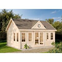 Alpholz – Chalet de jardin en bois 570 x 410 cm – Épaisseur des parois 44 mm – Double porte vitrée – 8 fenêtres – Toit en bois massif