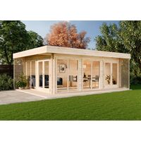 Carlsson – Abri de jardin bois 44 mm – Dimensions 668 x 472 cm – 2x double porte vitrée – 3x fenêtres sol au plafond – Toit plat en bois massif
