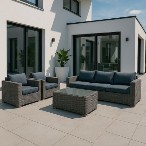SET SALOTTO ICARO IN ECORATTAN GRIGIO CON CUSCINI E TAVOLO BASSO CON TOP IN VETRO TRASPARENTE (1/5)