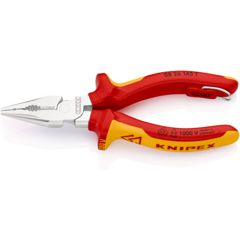 KNIPEX 08 26 145 T Spitz-Kombizange isoliert mit Mehrkomponenten-Hüllen, VDE-geprüft mit integrierter isolierter Befestigungsöse zum Anbringen einer Absturzsicherung verchromt 145 mm