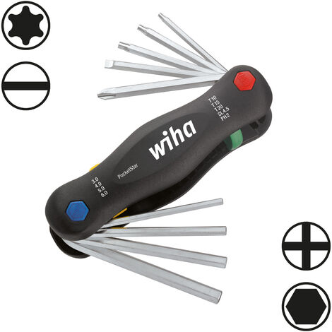 Wiha Multitool PocketStar® Innen-Sechskant, Schlitz, Phillips, TORX  9-tlg., per Tastendruck schneller Zugriff, als Längs- und Quergriff einsetzbar, all-in-one Werkzeug (25293)