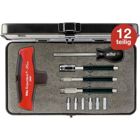 Wiha Drehmoment-Schraubendreher mit Quergriff Set TorqueVario-S , 12-teilig I mit Box I 5-14 Nm I T-Griff I Innensechskant, TORX (29234)