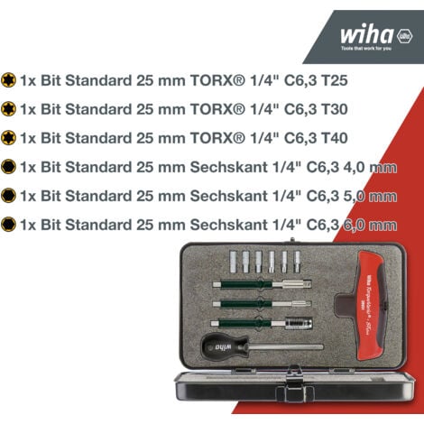Wiha Drehmoment-Schraubendreher mit Quergriff Set TorqueVario-S , 12-teilig I mit Box I 5-14 Nm I T-Griff I Innensechskant, TORX (29234)