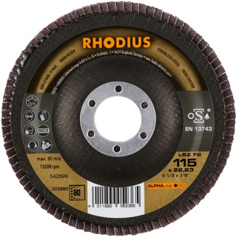 RHODIUS ALPHAline Fächerschleifscheibe LSZ F2 – 115 X 22,23 Mm, Körnung 60, 10 Stück, Made By Rhodius