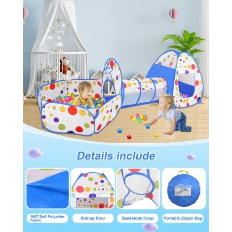 3 en 1 Pop-up Tente avec Tunnel pour Enfant, Tente a Balle avec Tunnel Pliable, Intérieur Extérieur, Cadeau de Noël d'anniversaire