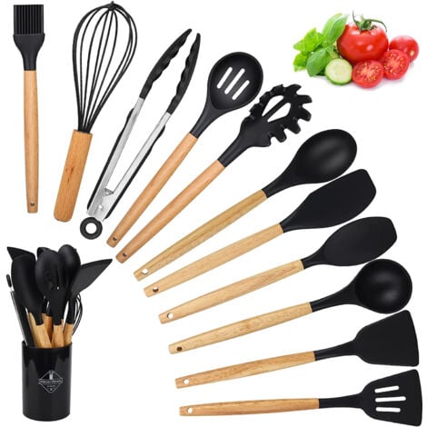 Ustensiles de Cuisine en Silicone, 12 PCS Accessoire Cuisine Set sans BPA, Kit d'Ustensiles de Cuisine en Silicone et Bois, Ustensiles Cuisine Antiadhésive Set avec Pot de Rangement, Noir