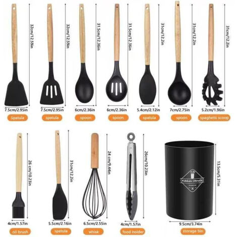 Ustensiles de Cuisine en Silicone, 12 PCS Accessoire Cuisine Set sans BPA, Kit d'Ustensiles de Cuisine en Silicone et Bois, Ustensiles Cuisine Antiadhésive Set avec Pot de Rangement, Noir