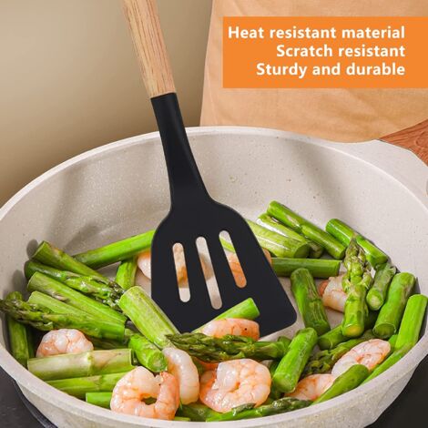 Ustensiles de Cuisine en Silicone, 12 PCS Accessoire Cuisine Set sans BPA, Kit d'Ustensiles de Cuisine en Silicone et Bois, Ustensiles Cuisine Antiadhésive Set avec Pot de Rangement, Noir