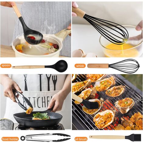 Ustensiles de Cuisine en Silicone, 12 PCS Accessoire Cuisine Set sans BPA, Kit d'Ustensiles de Cuisine en Silicone et Bois, Ustensiles Cuisine Antiadhésive Set avec Pot de Rangement, Noir
