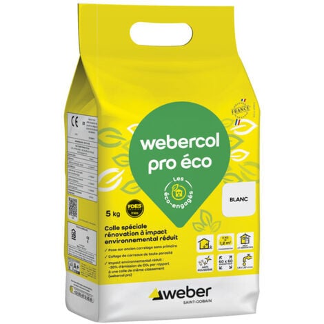 Colle carrelage, blanc, spéciale renovation, 5kg, prête à l'emploi, WEBERCOL PRO ENAE, Impact environnemental réduit, WEBER