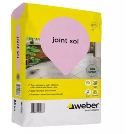 Joint pour sol intérieur/extérieur gris ciment 25 kg joints larges de carrelage (de 3 à 20 mm) adapté au jointoiement terres cuites, grès cérame moyens et  grands formats, pierres naturelles - Weber