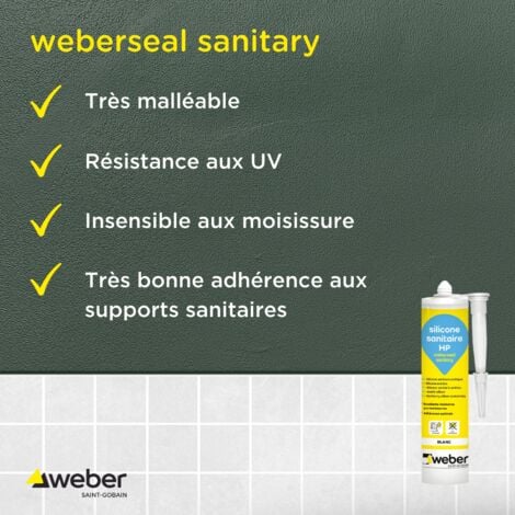 Weber Mastic, Silicone, Translucide, Salle de Bain, Cuisine, Carrelage, Anti-Moisissures, Joint sanitaire étanche, Forte adhérence, weberseal sanitaire, 300ML