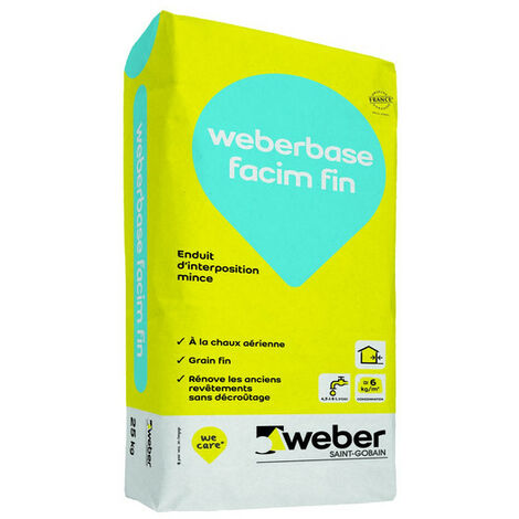 Weber Saint-Gobain Enduit d'interposition, 25 kg, à la chaux aérienne grain fin pour rénover un ancien revêtement organique avec une solution minérale en faible épaisseur, Weberbase facim fin