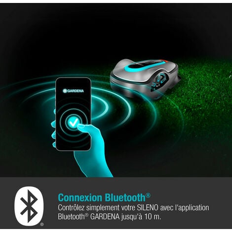GARDENA SILENO life 1000. Tondeuse robot connectée Bluetooth®.
< 1000m². Tond sous la pluie. Capteur de gel. Nettoyage à l’eau. Ultra-silencieuse (15102-26).