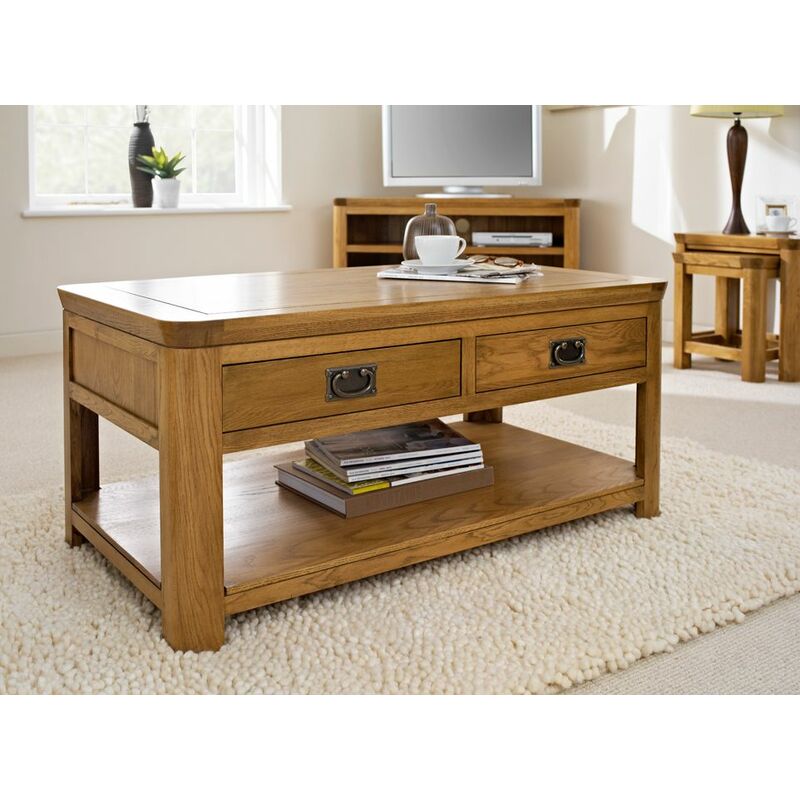 100% Solid Oak Large Coffee TableWooden Rectangular Lounge Storage4 Drawer