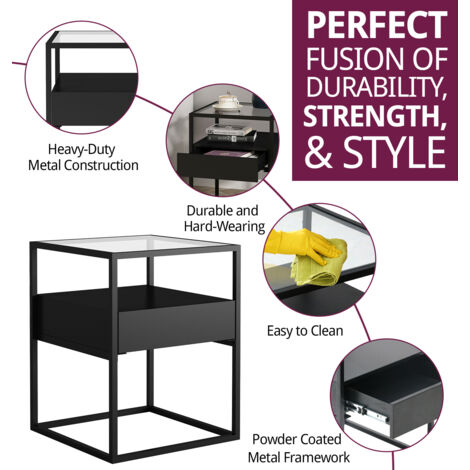 Hallowood Furniture Bewdley Small Black Metal Side Table with Glass Top & Drawer, Bedside Table with Metal Frame, Console Table, Telephone Table, Living Room & Hallway Table