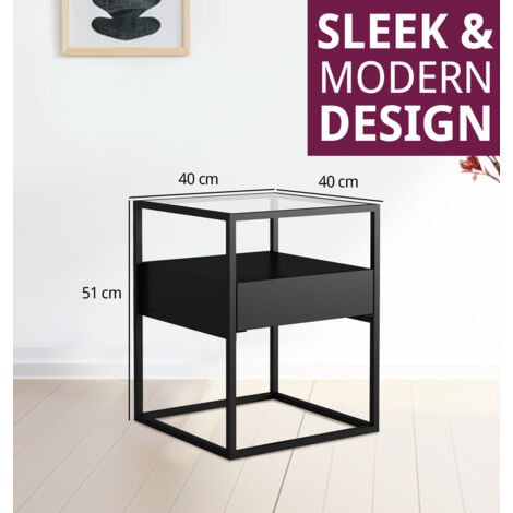Hallowood Furniture Bewdley Small Black Metal Side Table with Glass Top & Drawer, Bedside Table with Metal Frame, Console Table, Telephone Table, Living Room & Hallway Table