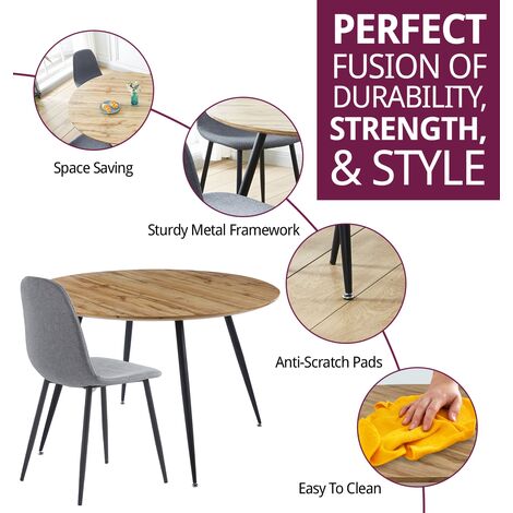 Hallowood Furniture Cullompton Large Round Dining Table Set of 6, Light Oak Effect Top with Black Metal Legs & Fabric Chairs - 1.2m Kitchen Table Set for Home, Restaurants & Café