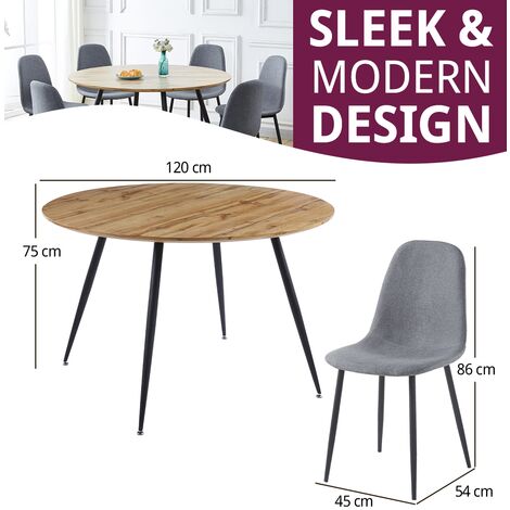 Hallowood Furniture Cullompton Large Round Dining Table Set of 6, Light Oak Effect Top with Black Metal Legs & Fabric Chairs - 1.2m Kitchen Table Set for Home, Restaurants & Café