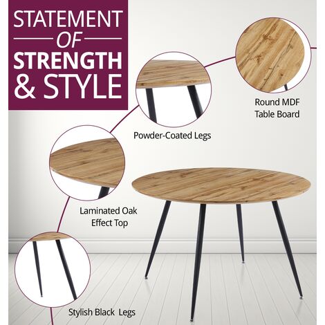 Hallowood Furniture Cullompton Large Round Dining Table Set of 6, Light Oak Effect Top with Black Metal Legs & Fabric Chairs - 1.2m Kitchen Table Set for Home, Restaurants & Café